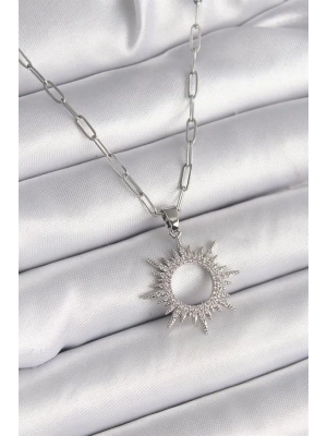 316L Çelik Gümüş Renk Zincir Zirkon Taşlı Güneş Model Kadın Kolye