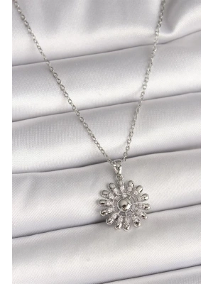 316L Çelik Gümüş Renk Zincir Zirkon Taşlı Güneş Model Kadın Kolye