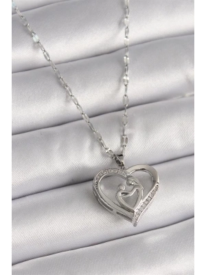 316L Çelik Gümüş Renk Zincir Zirkon Taşlı Kalp Anne Çocuk Figür Kadın Kolye