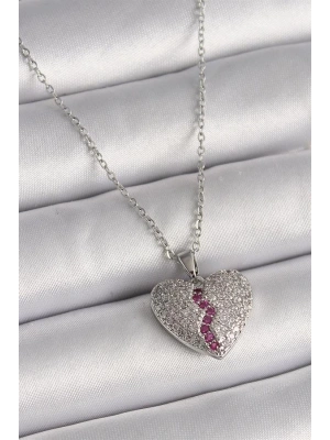 316L Çelik Gümüş Renk Zincir Zirkon Taşlı Kalp Model Kadın Kolye