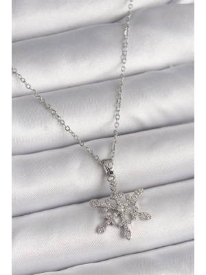 316L Çelik Gümüş Renk Zincir Zirkon Taşlı Kar Tanesi Model Kadın Kolye