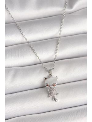 316L Çelik Gümüş Renk Zincir Zirkon Taşlı Kedi Model Kadın Kolye