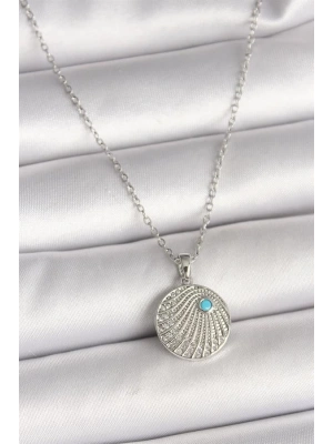 316L Çelik Gümüş Renk Zincir Zirkon Taşlı Mavi Taş Detaylı Madalyon Model Kadın Kolye
