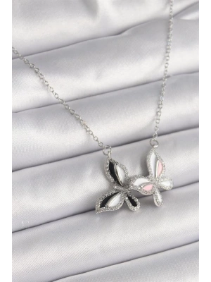 316L Çelik Gümüş Renk Zincir Zirkon Taşlı Renkli Kelebek Model Kadın Kolye