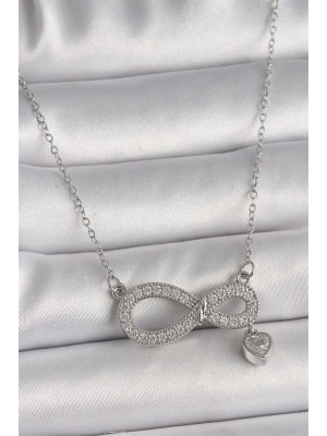 316L Çelik Gümüş Renk Zincir Zirkon Taşlı Sonsuzluk Model Taşlı Kalp Detay Kadın Kolye