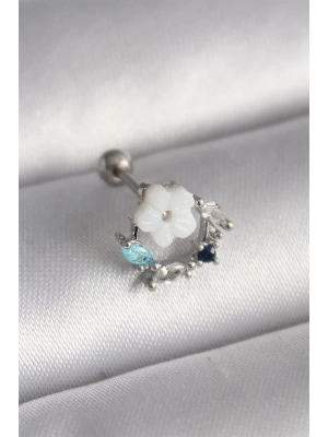 316L Çelik Gümüş Renk Zirkon Taş Detay Beyaz Çiçek Model Tragus Piercing