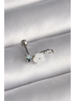 316L Çelik Gümüş Renk Zirkon Taş Detay Beyaz Çiçek Model Tragus Piercing
