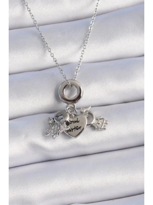 316L Çelik Gümüş Renk Zirkon Taş Detay Çocuk Figür Charm Model Kadın Kolye