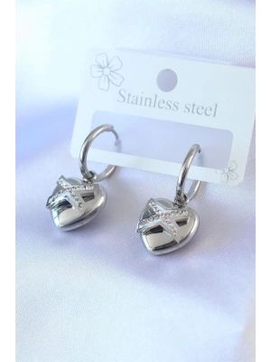 316L Çelik Gümüş Renk Zirkon Taş Detay Kalp Model Kadın Küpe