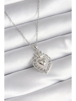 316L Çelik Gümüş Renk Zirkon Taş Detay Taç Kalp Model Kadın Kolye