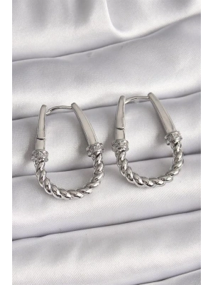 316L Çelik Gümüş Renk Zirkon Taş Detaylı Burma Halka Model Kadın Küpe