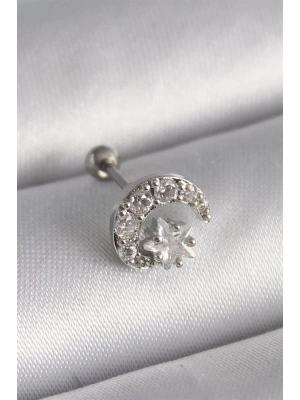 316L Çelik Gümüş Renk Zirkon Taşlı Ay Yıldız Tragus Piercing