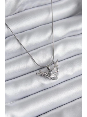 316L Çelik Gümüş Renk Zirkon Taşlı Boynuz Model Kadın Kolye