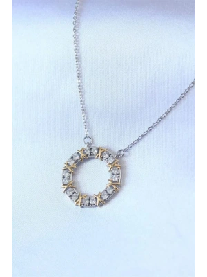 316L Çelik Gümüş Renk Zirkon Taşlı Gold Detay Xoxo Kadın Kolye