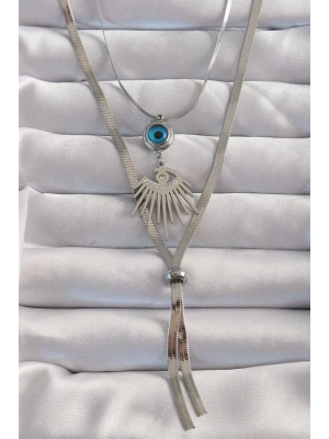 316L Çelik Gümüş Renk Zirkon Taşlı Göz Detay Nazarlı Uzun Asansör Model Kolye