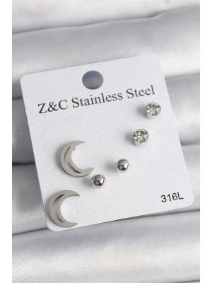 316L Çelik Gümüş Renk Zirkon Taşlı Hilal Model Kadın Küpe Seti