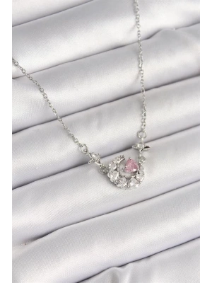 316L Çelik Gümüş Renk Zirkon Taşlı Hilal Pembe Kalp Model Kadın Kolye