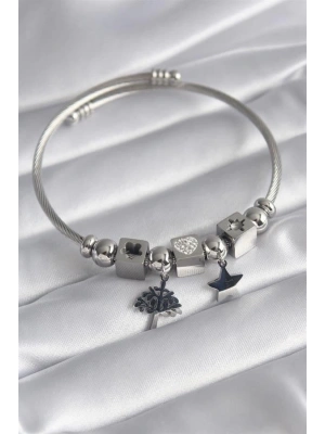 316L Çelik Gümüş Renk Zirkon Taşlı Kalp Detay Yaşam Ağacı Figür Charm Model Kadın Bileklik