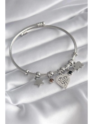 316L Çelik Gümüş Renk Zirkon Taşlı Kalp Figür Fil Detay Charm Model Kadın Bileklik