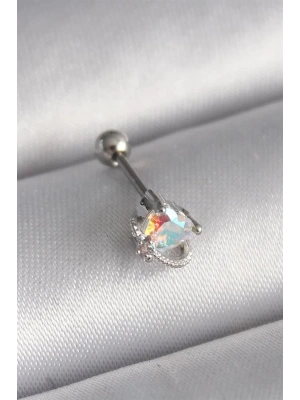 316L Çelik Gümüş Renk Zirkon Taşlı Kalp Tragus Piercing