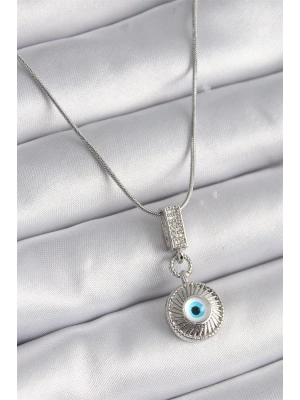 316L Çelik Gümüş Renk Zirkon Taşlı Nazar Boncuk Model Kadın Kolye