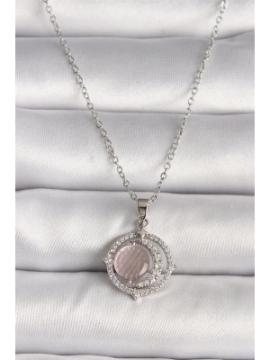 316L Çelik Gümüş Renk Zirkon Taşlı Pembe Sedefli Hilal Model Kadın Kolye