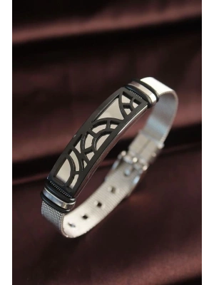 316L Çelik Siyah Desenli Ayarlanabilir Hasır Kordonlu Bileklik
