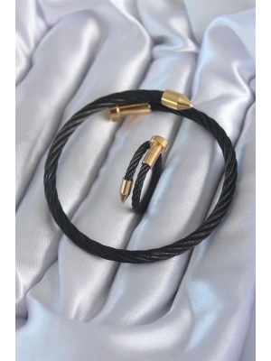 316L Çelik Siyah Renk Gold Detay Sarmal Model Erkek Bileklik Yüzük Kombini