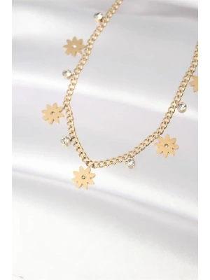 316L Çelik Taşlı Gold Renk Çoklu Çiçek Kolye