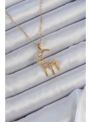 316L Çelik Zincir Altın Renk İşlemeli Zirkon Taşlı Ay Kolye