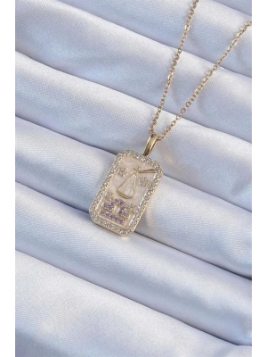 316L Çelik Zincir Altın Renk Lila Zirkon Taşlı Tarot Kolye