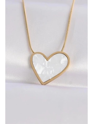 316L Çelik Zincir Altın Renk Mermer Desenli Kalp Kolye