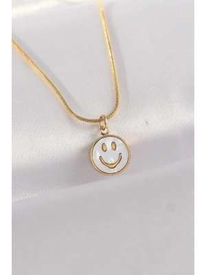316L Çelik Zincir Altın Renk Mermer Desenli Minimal Smile Kolye