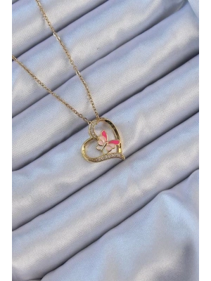 316L Çelik Zincir Altın Renk Mineli Kelebek Figür Zirkon Taşlı Kalp Kolye