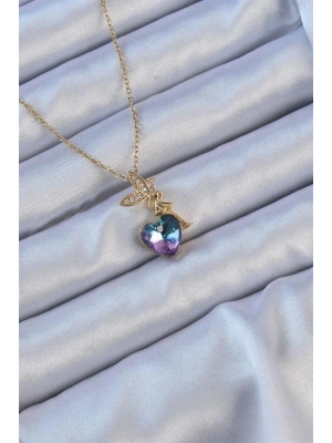 316L Çelik Zincir Altın Renk Mor Mavi Renk Zirkon Taşlı Kalp Detay Peri Kolye