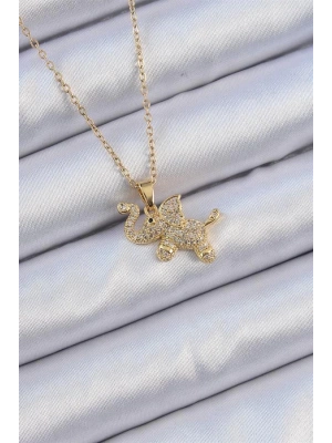 316L Çelik Zincir Altın Renk Zirkon Taşlı Fil Kolye