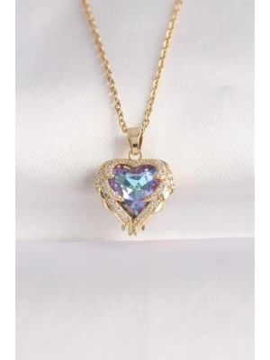316L Çelik Zincir Altın Renk Zirkon Taşlı Mavi Mor Renkli Kalp Figür Kolye