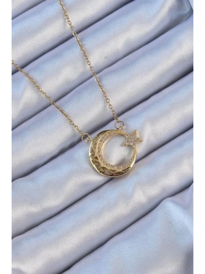 316L Çelik Zincir Altın Renk Zirkon Taşlı Motifli Ay Yıldız Kolye
