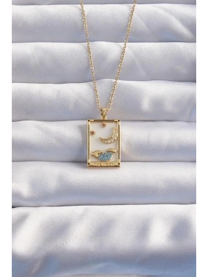 316L Çelik Zincir Gold Renk Ay Detay Mavi Zirkon Taşlı Tarot Kolye