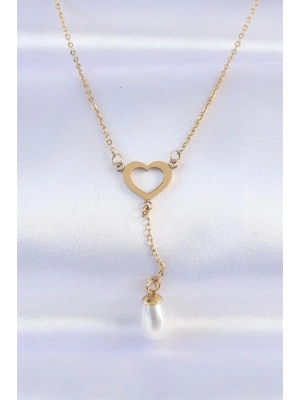 316L Çelik Zincir Gold Renk İnci Taş Detay Kalp Kolye