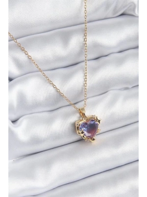 316L Çelik Zincir Gold Renk Mor Renk Zirkon Taşlı Kalp Model Kadın Kolye