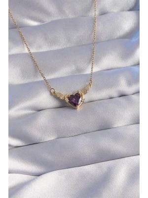 316L Çelik Zincir Gold Renk Mor Zirkon Taşlı Kanatlı Kalp Kolye