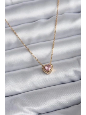 316L Çelik Zincir Gold Renk Pembe Zirkon Taşlı Charm Kadın Kolye