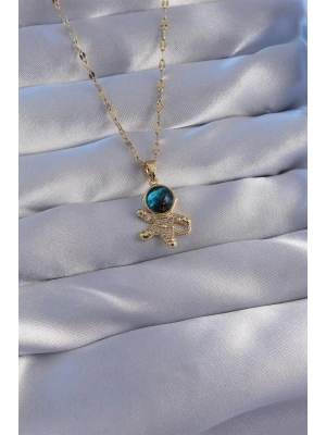 316L Çelik Zincir Gold Renk Zirkon Taşlı Astronot Figürlü Gezegen Kolye