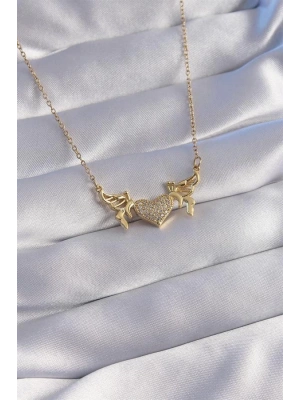 316L Çelik Zincir Gold Renk Zirkon Taşlı Kalp Model Kelebek Detay Kolye