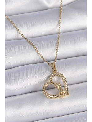 316L Çelik Zincir Gold Renk Zirkon Taşlı Kalp Model Melek Detay Kadın Kolye