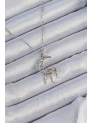 316L Çelik Zincir Gümüş Renk İşlemeli Zirkon Taşlı Ay Kolye