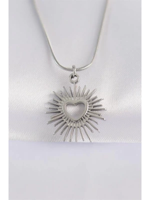 316L Çelik Zincir Gümüş Renk Kalp Güneşi Tasarımlı Kolye