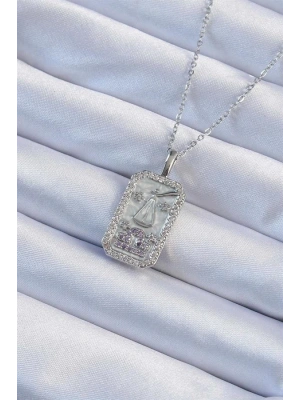 316L Çelik Zincir Gümüş Renk Lila Zirkon Taşlı Tarot Kolye