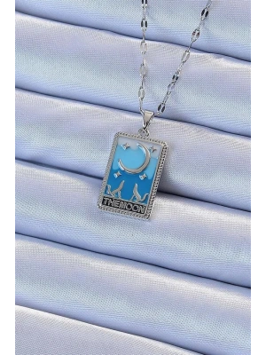 316L Çelik Zincir Gümüş Renk Mavi Mineli Ay Figür Tarot Kolye